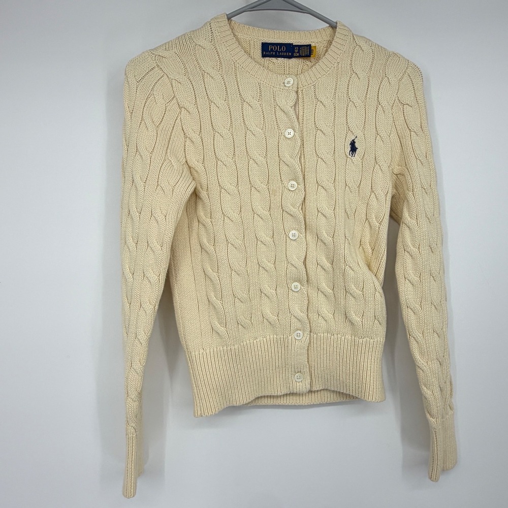 Polo Ralph Lauren Women's XS Cream Cable Knit Cotton Cardigan Pony Logo